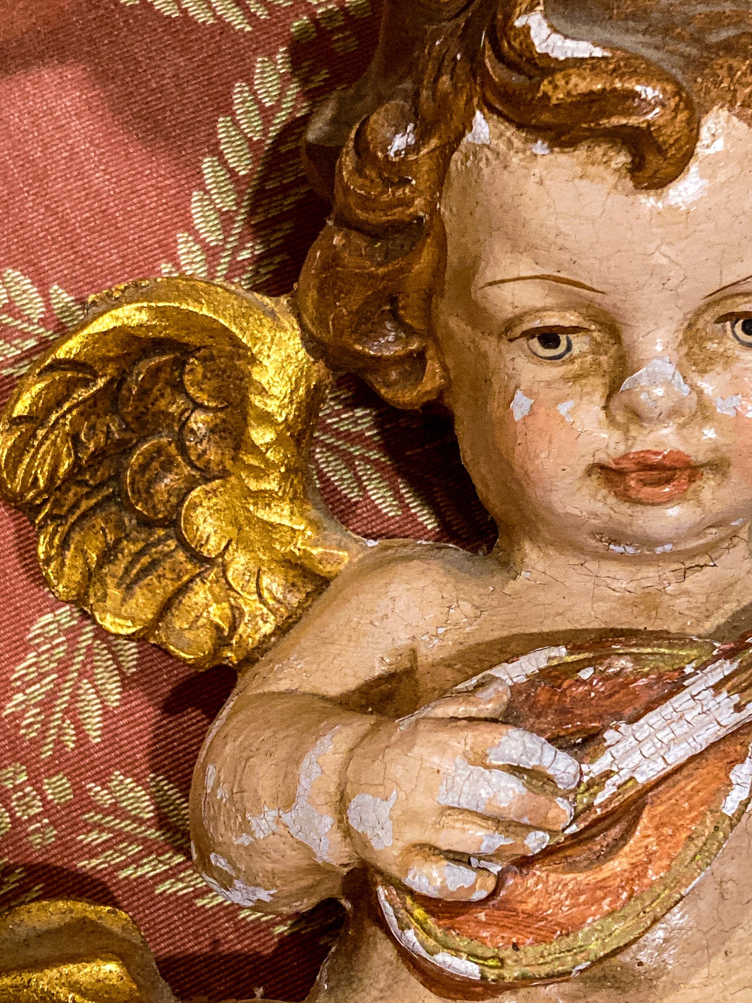 20th Century Hand Painted Gessoed Gilded Cherub Wall Hanging Sculpture
