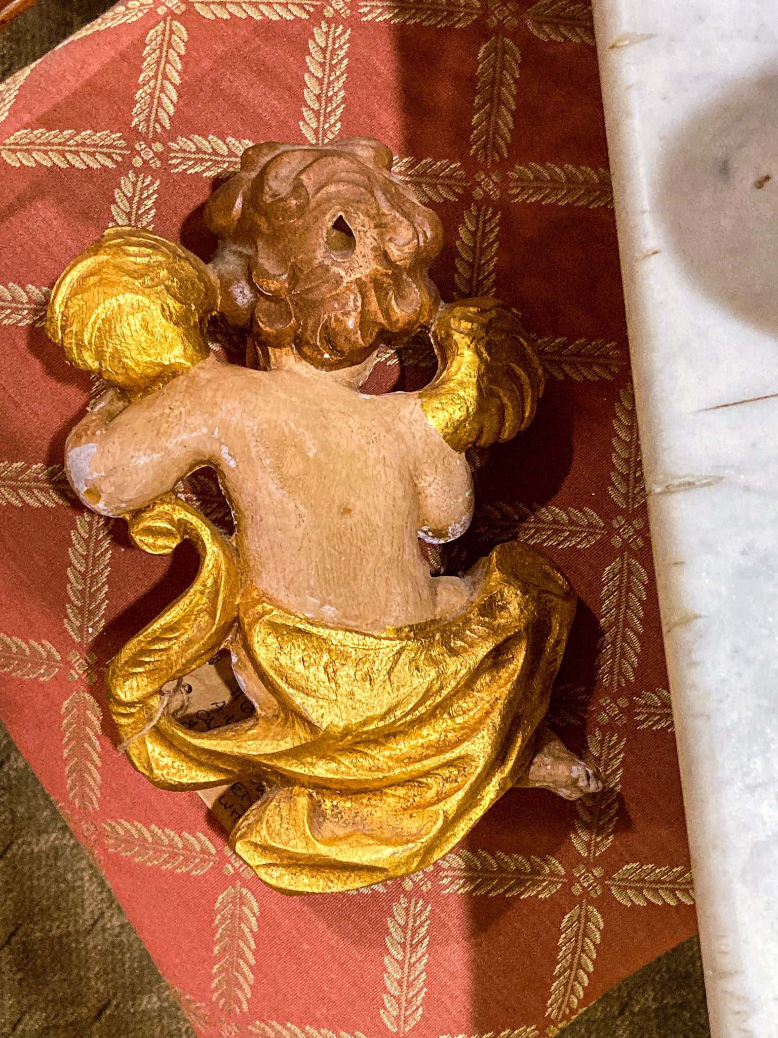 20th Century Hand Painted Gessoed Gilded Cherub Wall Hanging Sculpture