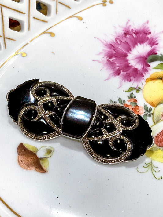 Vintage Art Deco Style Sterling Silver Marcasite Black Onyx Large Brooch Pin