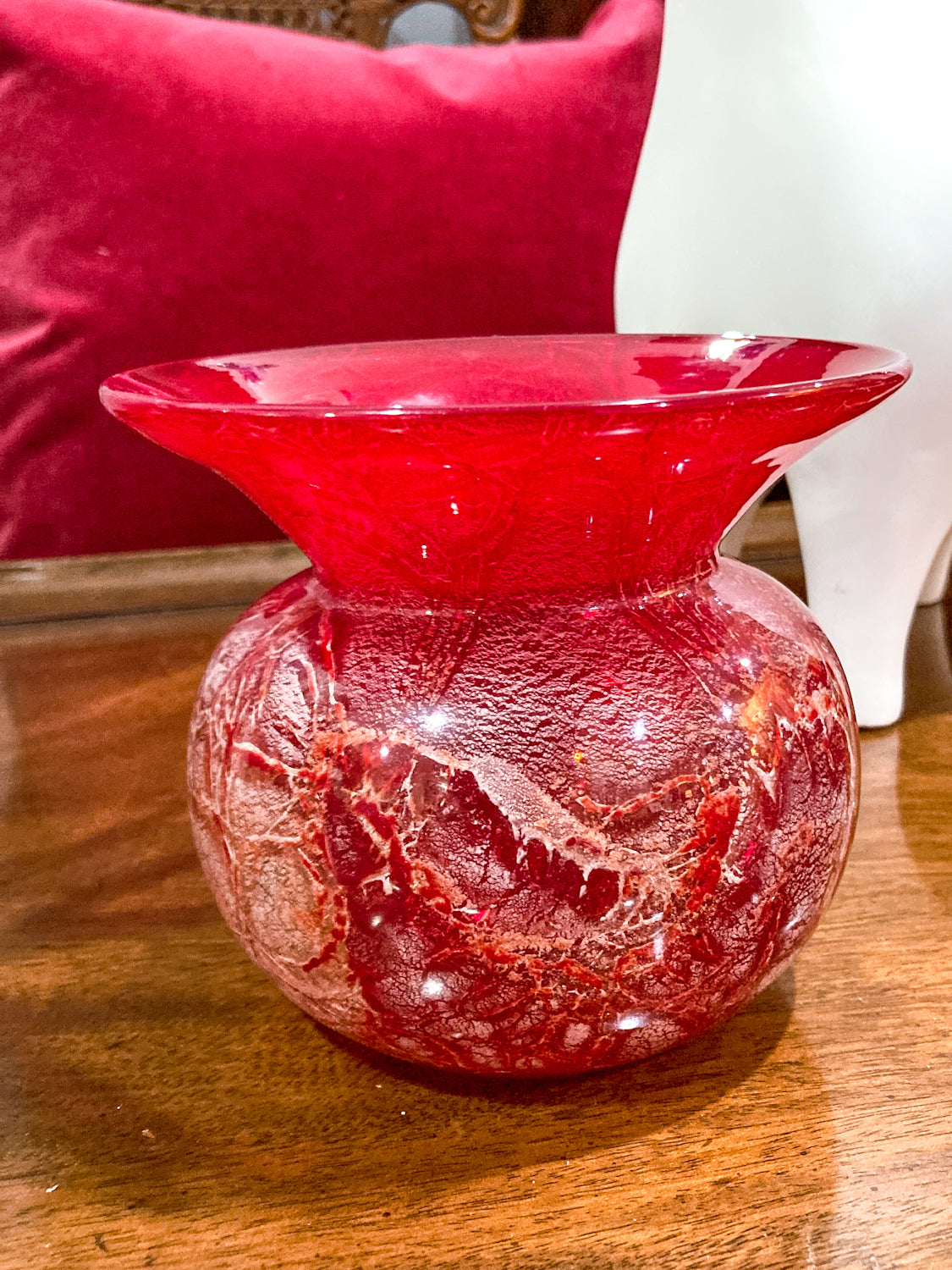 Rare Vintage Baccarat France Marbled Ruby Red Fluted Rim Glass Vase