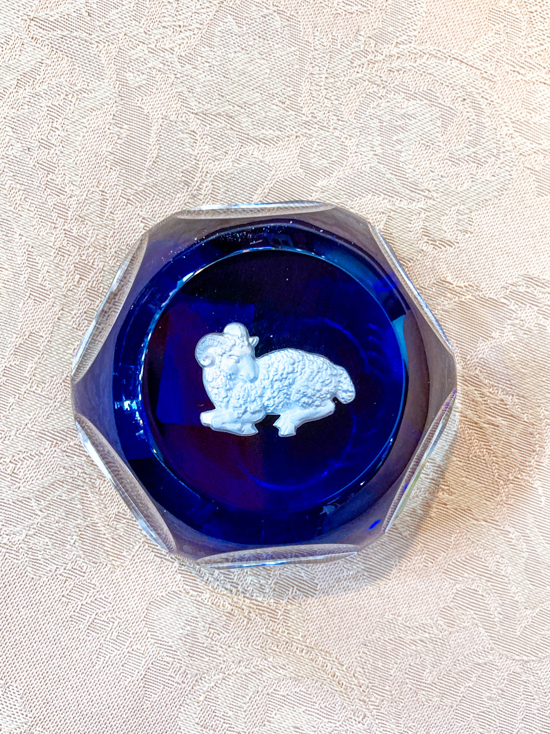 Baccarat Cobalt Crystal Sulfide Ram Aries Zodiac Sign Paperweight