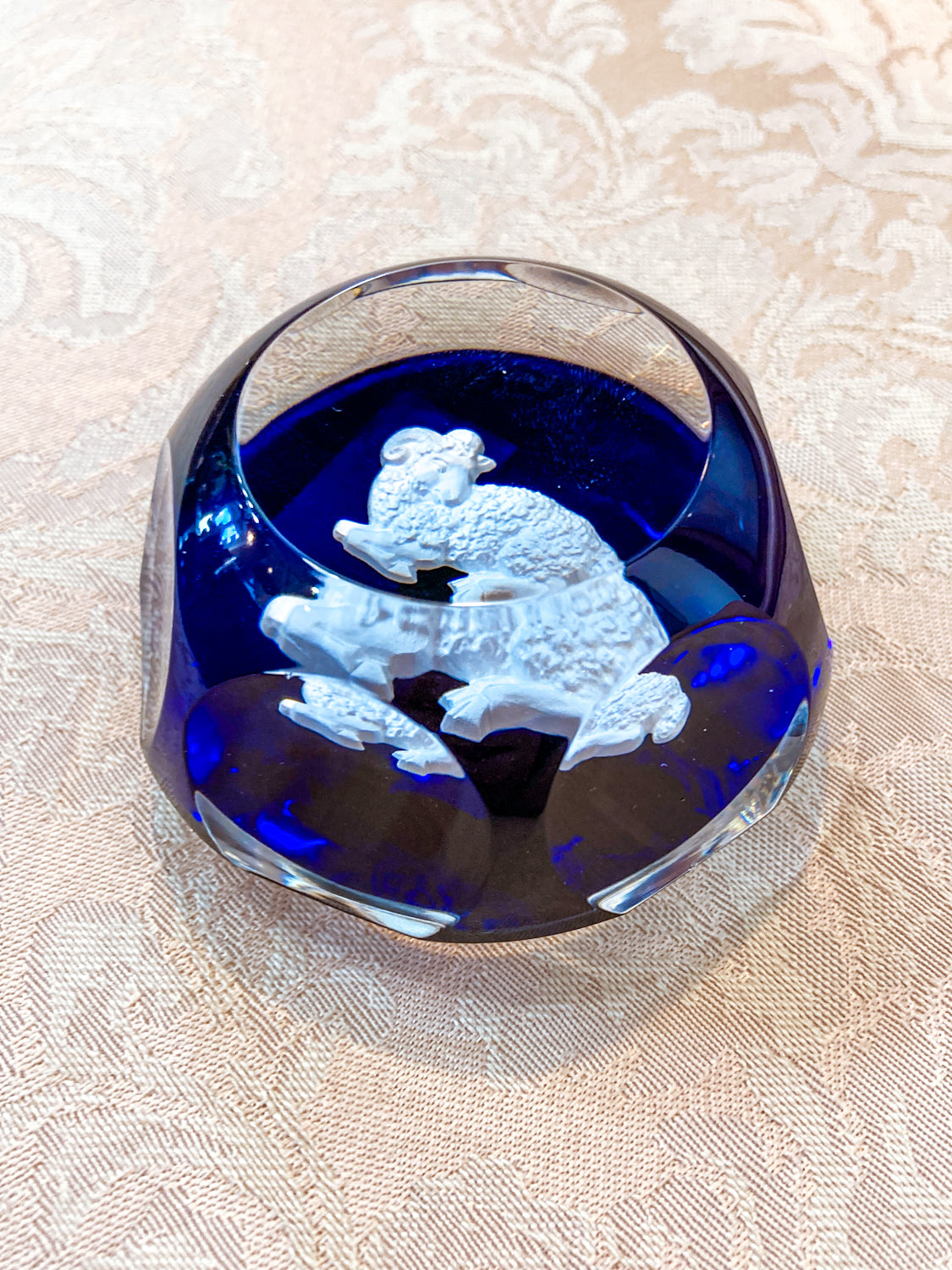 Baccarat Cobalt Crystal Sulfide Ram Aries Zodiac Sign Paperweight