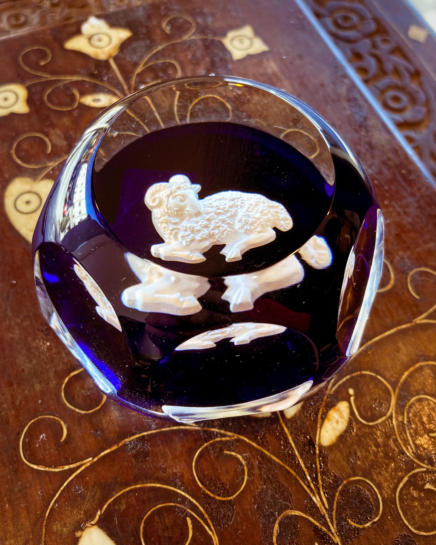 Baccarat Cobalt Crystal Sulfide Ram Aries Zodiac Sign Paperweight