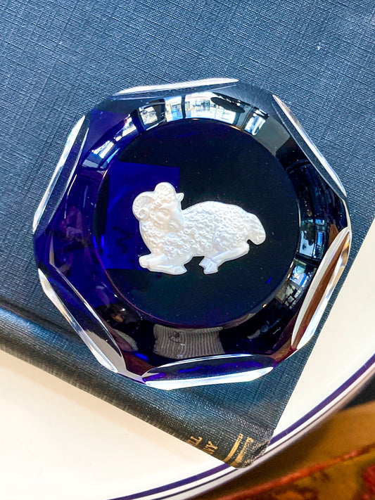 Baccarat Cobalt Crystal Sulfide Ram Aries Zodiac Sign Paperweight