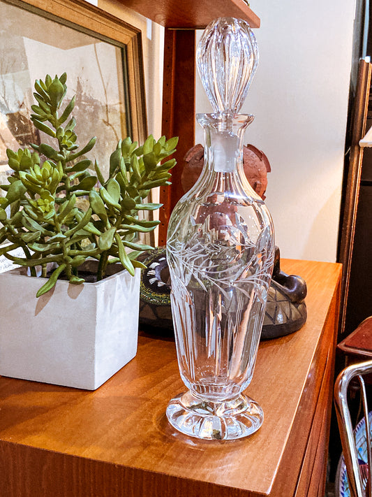 Vintage Clear Glass Etched Details Sculptural Stopper Decanter Barware