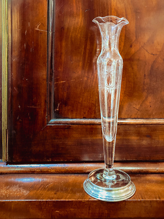 Vintage Clear Glass Ruffled Rim Starburst Etched Wallace Sterling Silver Bud Vase