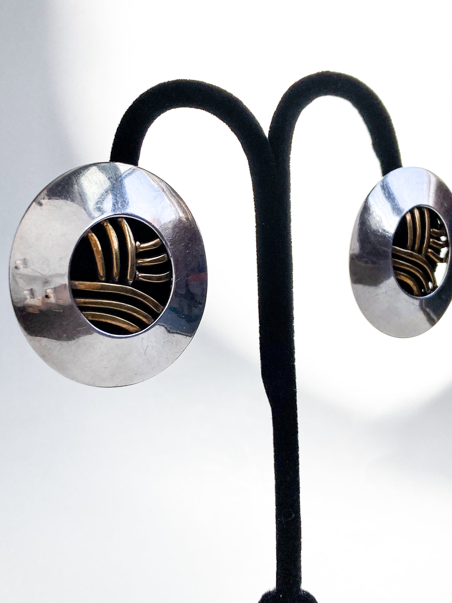 Vintage Sterling Silver Bronze Openwork Contrast Disc Clip On Earrings