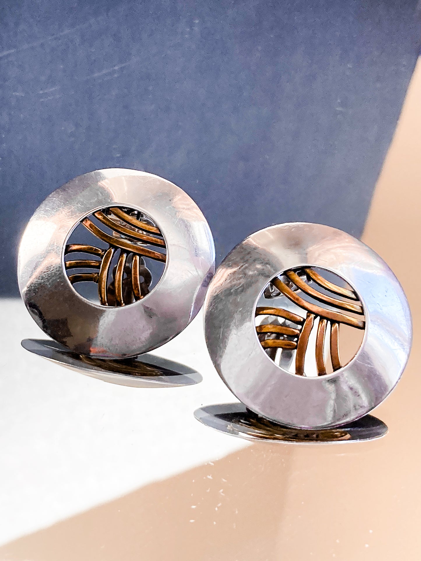 Vintage Sterling Silver Bronze Openwork Contrast Disc Clip On Earrings