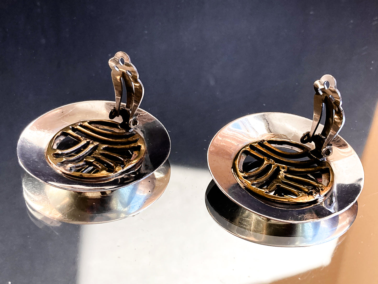 Vintage Sterling Silver Bronze Openwork Contrast Disc Clip On Earrings