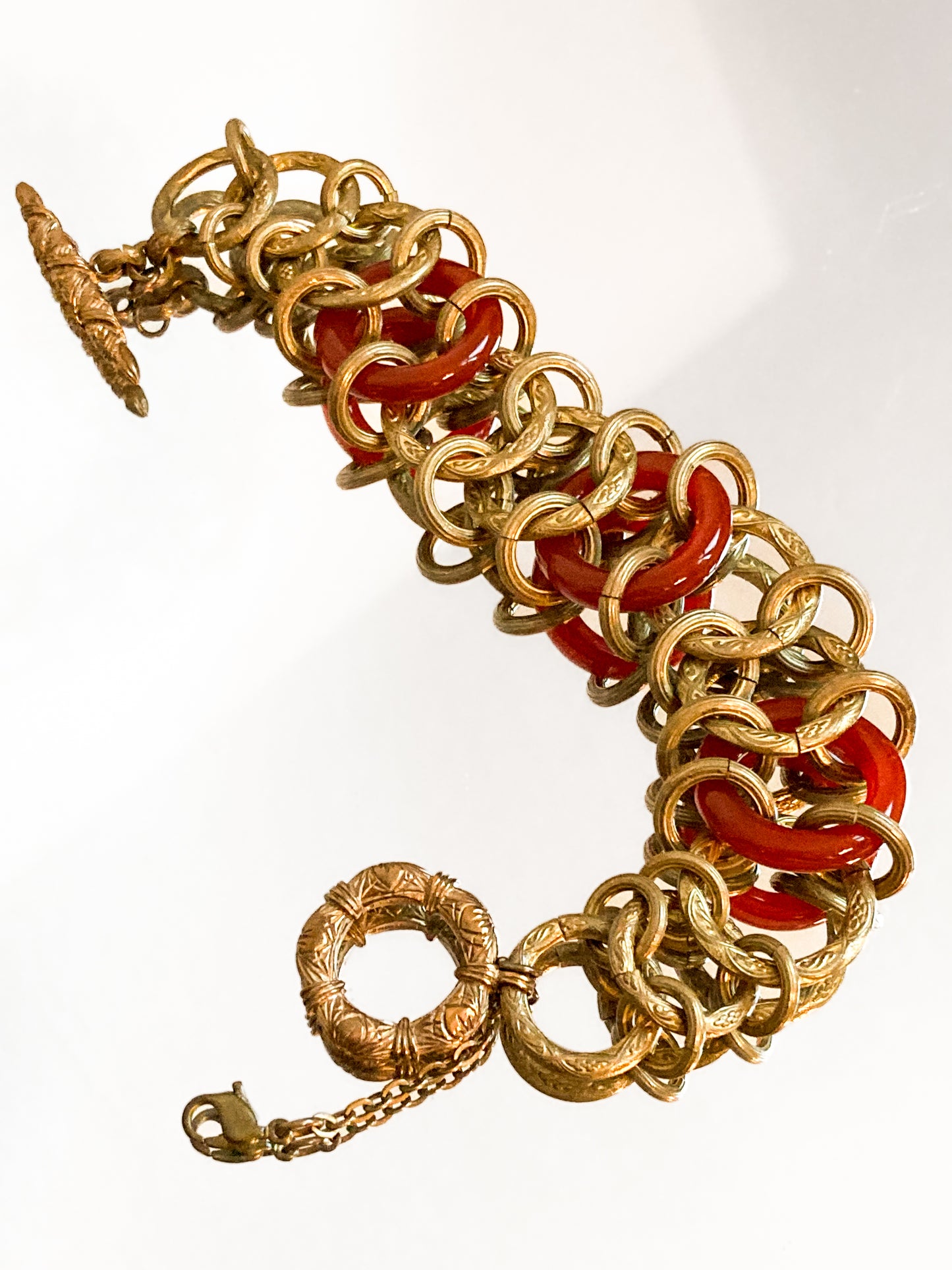 Vintage Gold Toned Circular Rust Red Lucite Stone Chain Link Bracelet Stephen Dweck