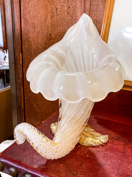 Vintage Archimede Seguso Style Handblown Italian Gold Flake Glass Cornucopia Vase