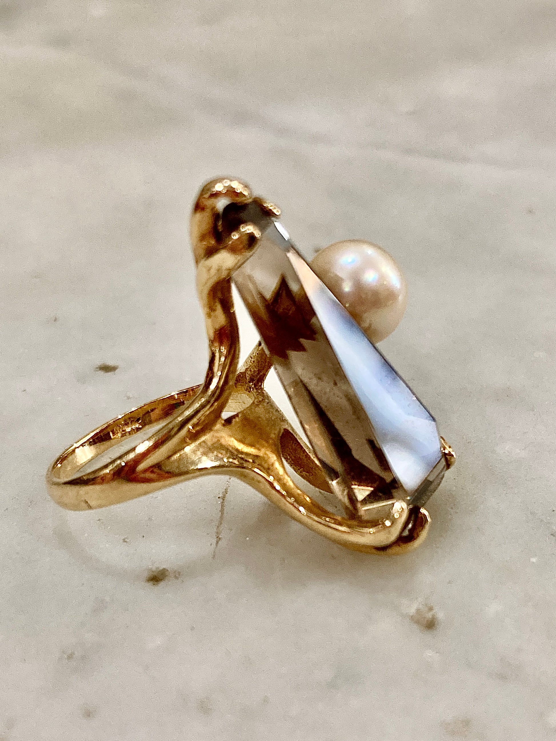 Vintage MCM 14K Yellow Gold Smokey Topaz Cultured Pearl Abstract Ring