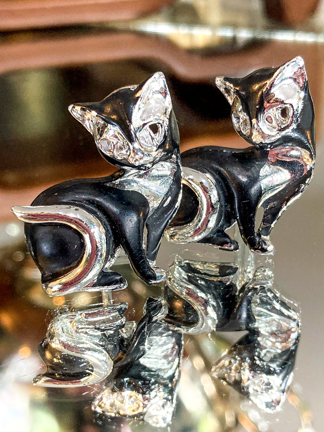 Vintage MCM Kitsch Silver Chrome Enameled Black Cat Cufflink Pair