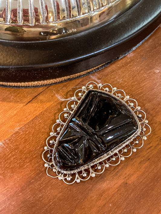 Vintage Mexico Sterling Silver 925 Carved Black Onyx Abstract Face Filigree Brooch