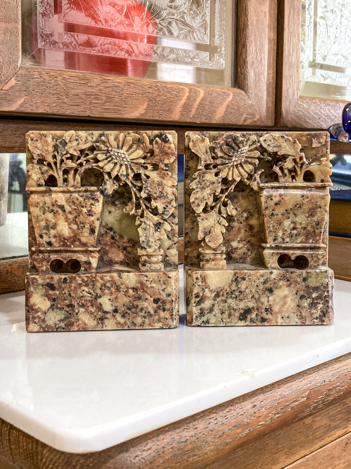 Pair Vintage Hand Carved Planter Pot Chinese Soapstone Bookends
