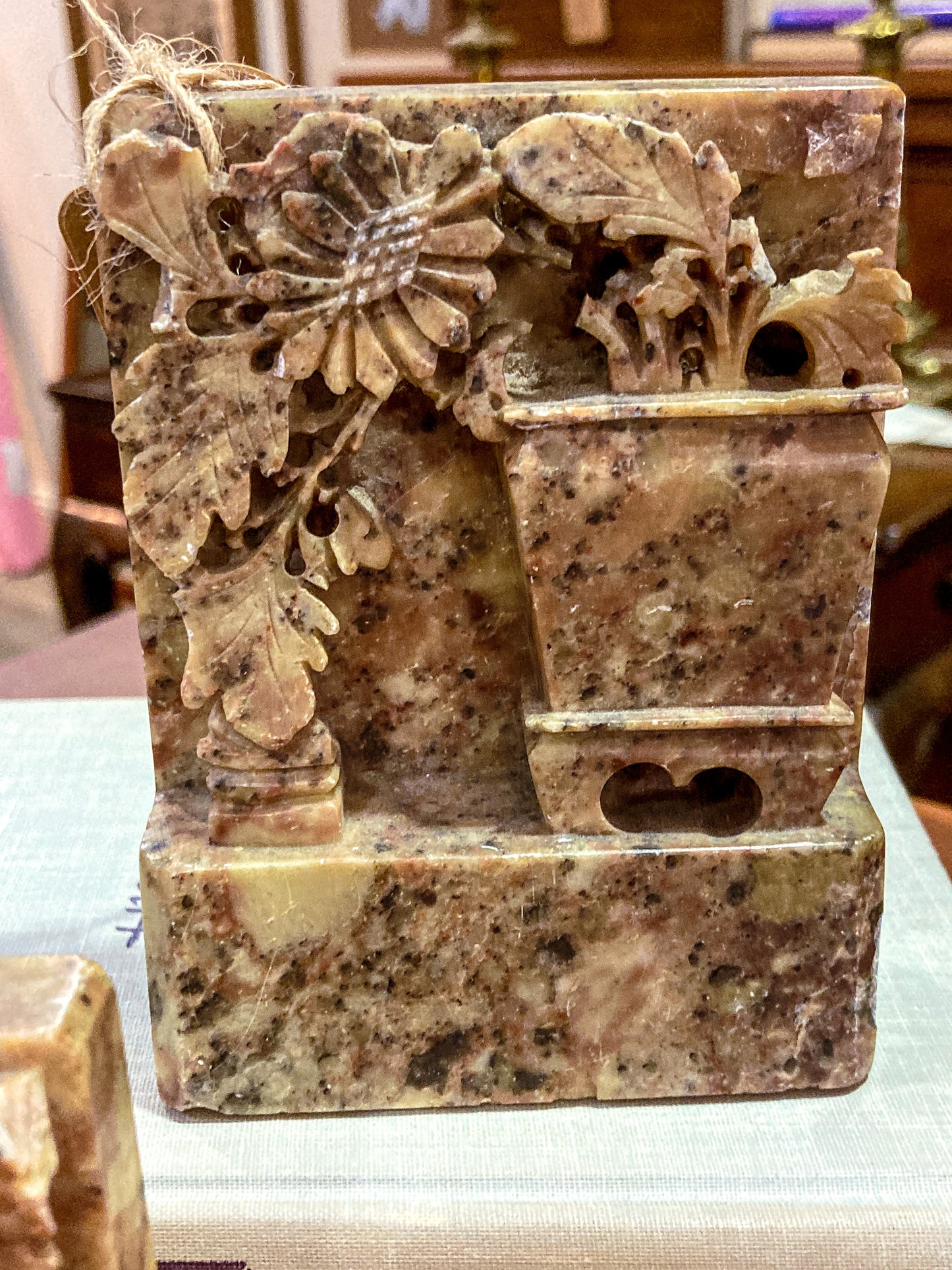 Pair Vintage Hand Carved Planter Pot Chinese Soapstone Bookends