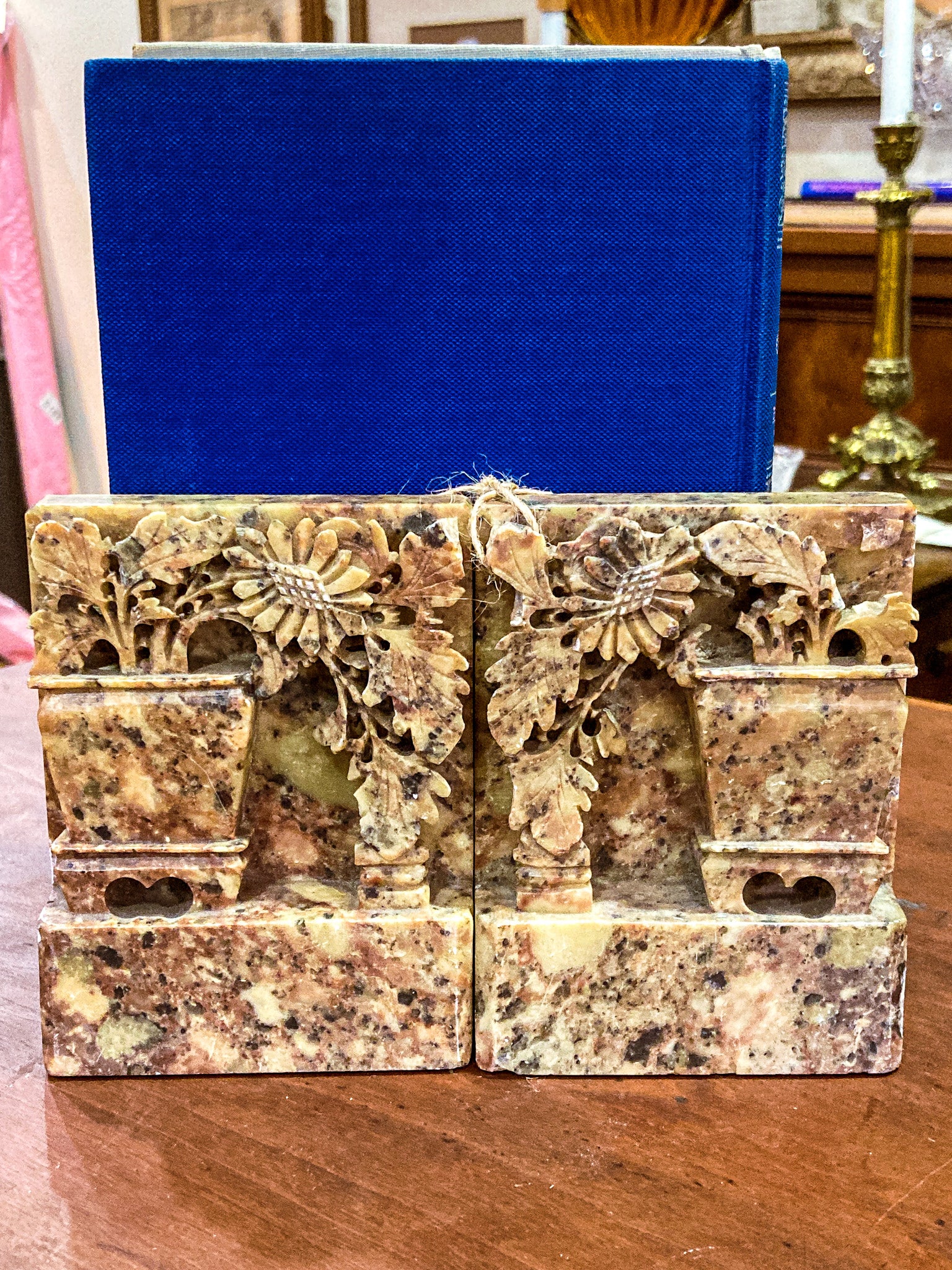 Pair Vintage Hand Carved Planter Pot Chinese Soapstone Bookends