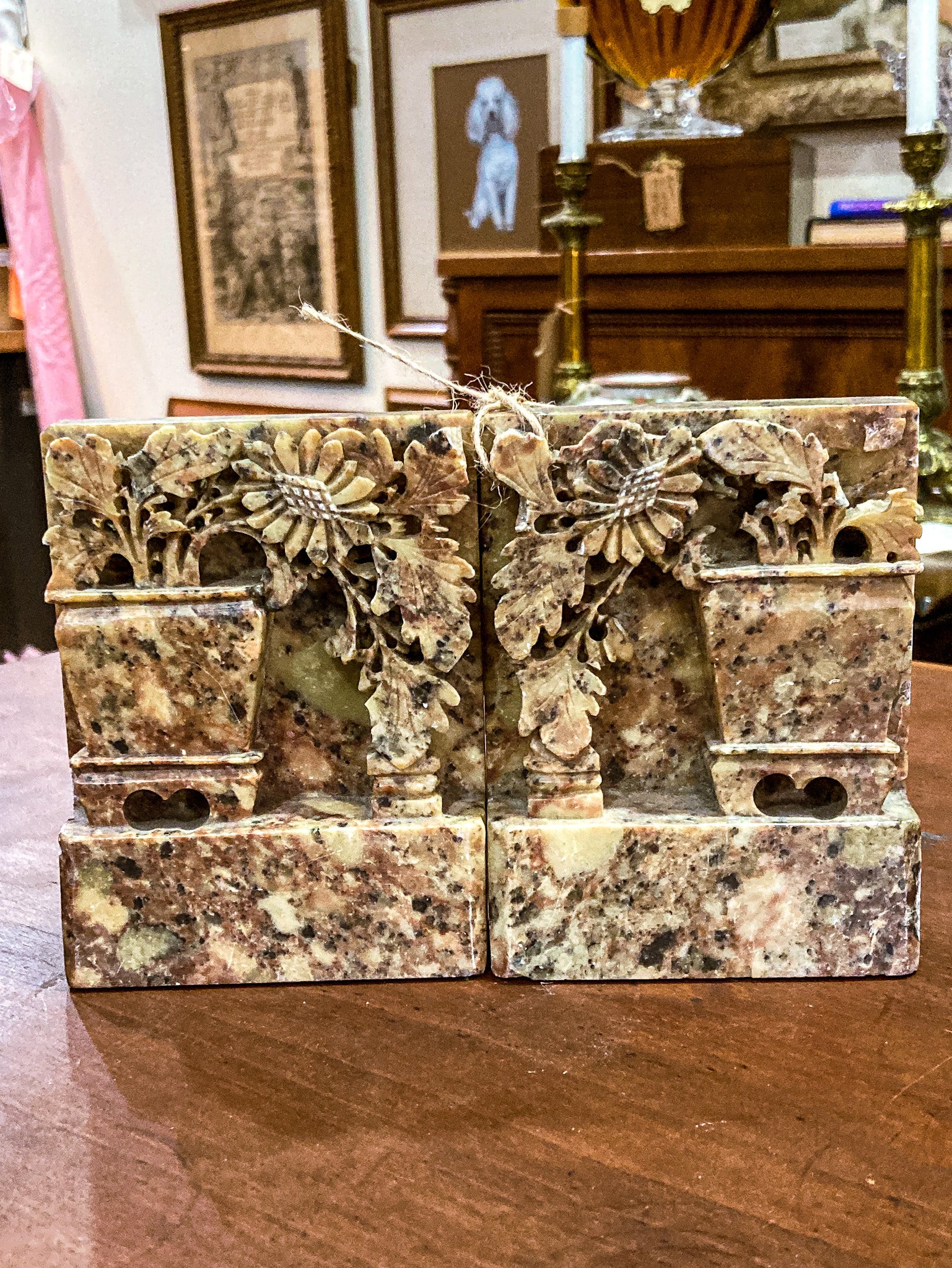 Pair Vintage Hand Carved Planter Pot Chinese Soapstone Bookends