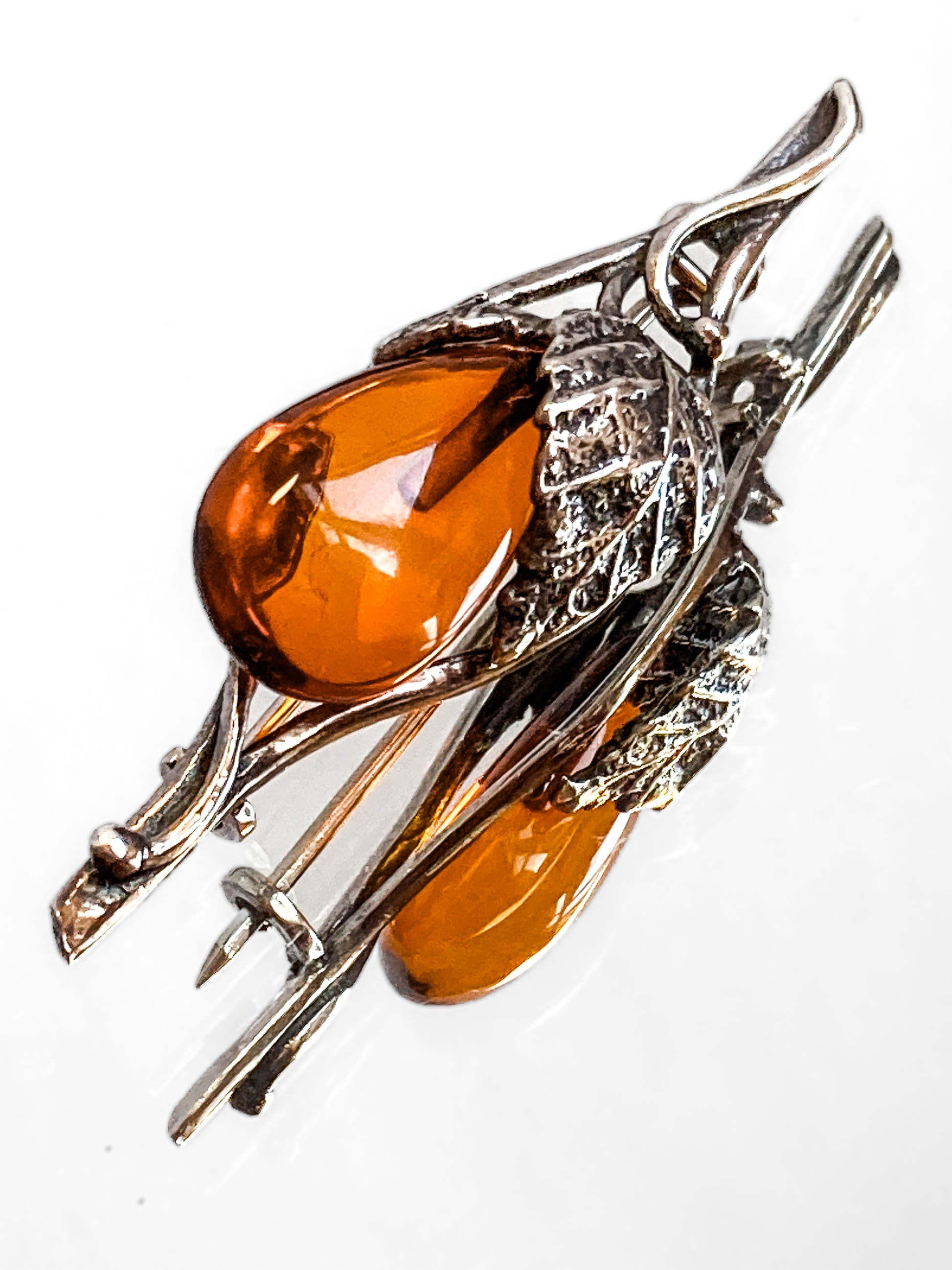 Vintage Sterling Silver Amber Drop Branch Fruit Leaves Brooch Bar Pin