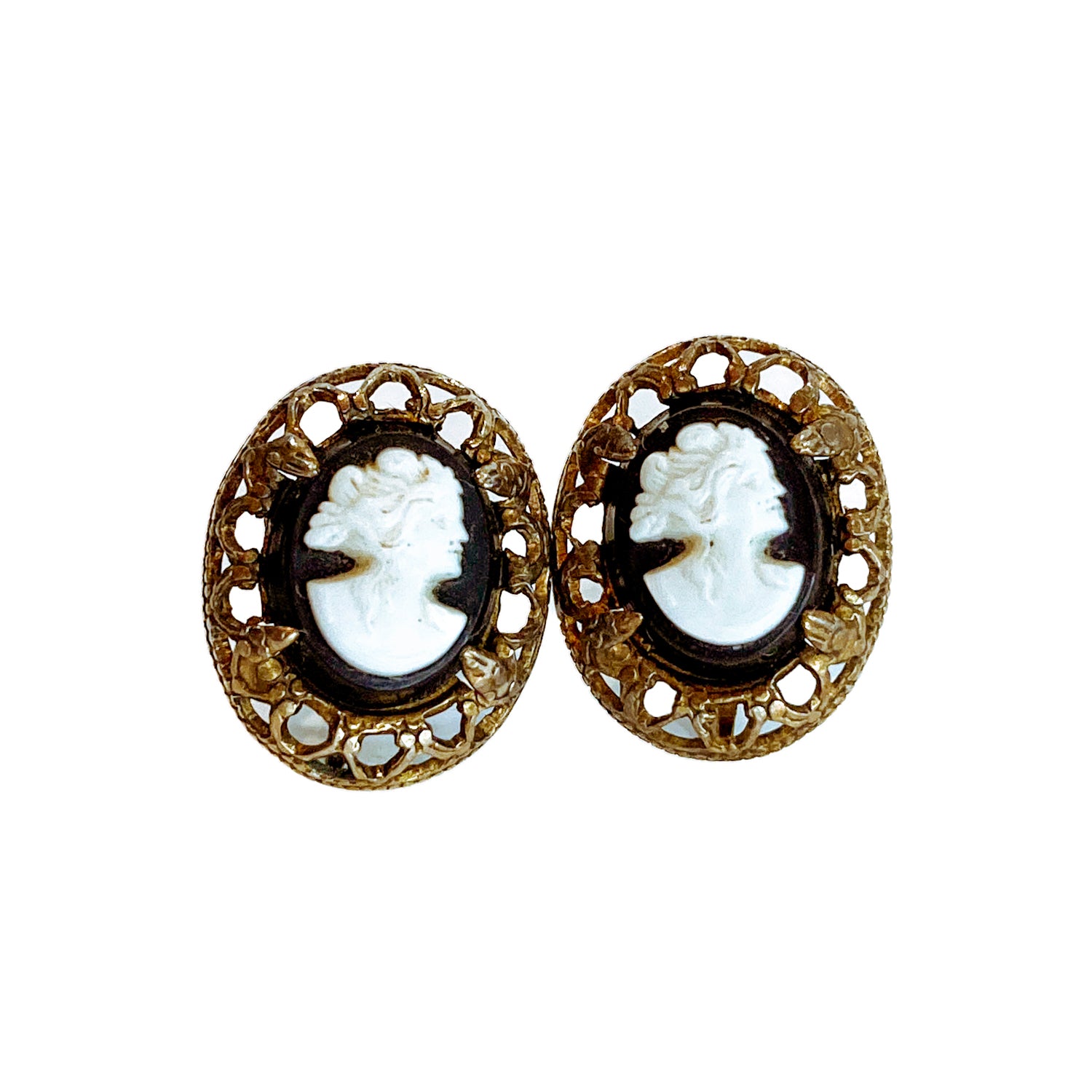 Vintage Black Cameo Filigree Gold-tone Sterling Silver Screwback Earrings White Background 1