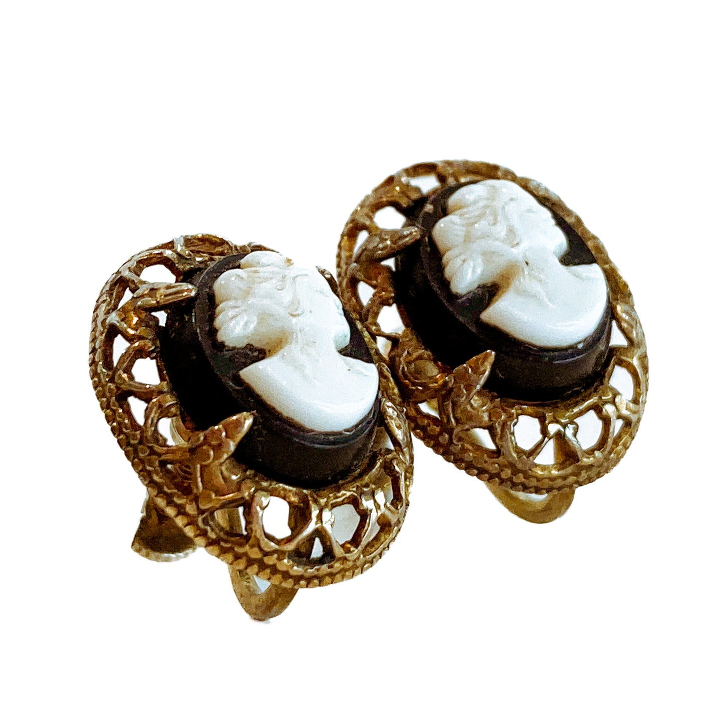 Vintage Black Cameo Filigree Gold-tone Sterling Silver Screwback Earrings White Background 3