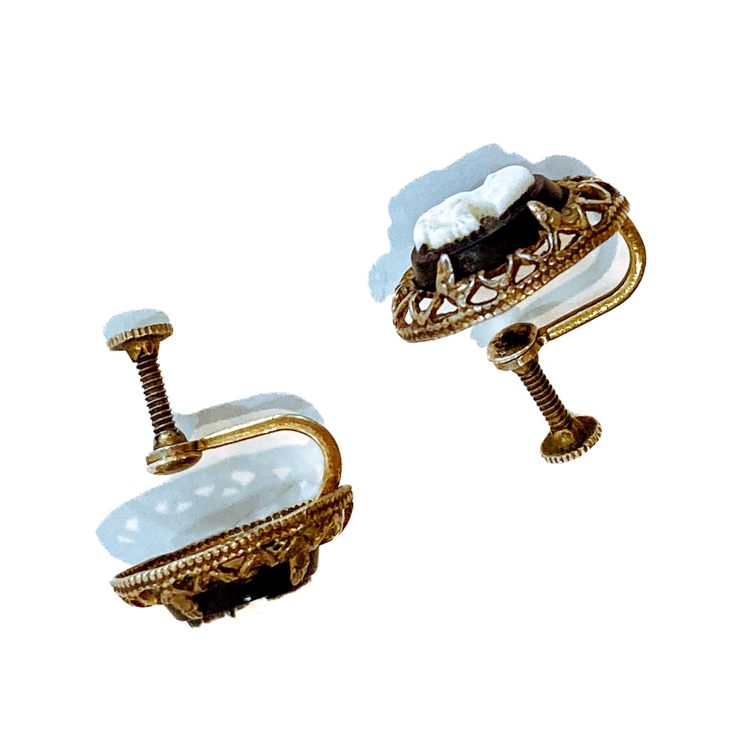Vintage Black Cameo Filigree Gold-tone Sterling Silver Screwback Earrings White Background Side
