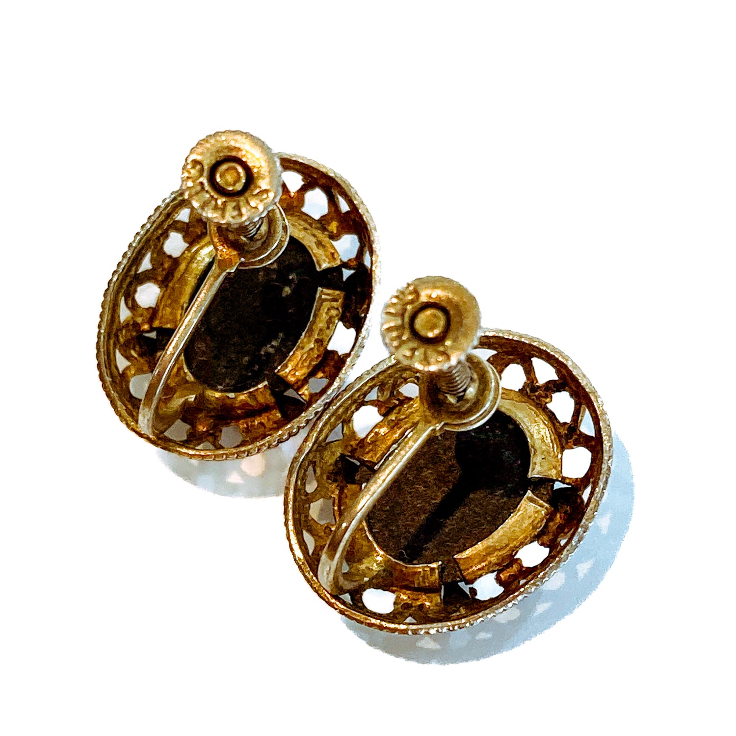 Vintage Black Cameo Filigree Gold-tone Sterling Silver Screwback Earrings White Background Back