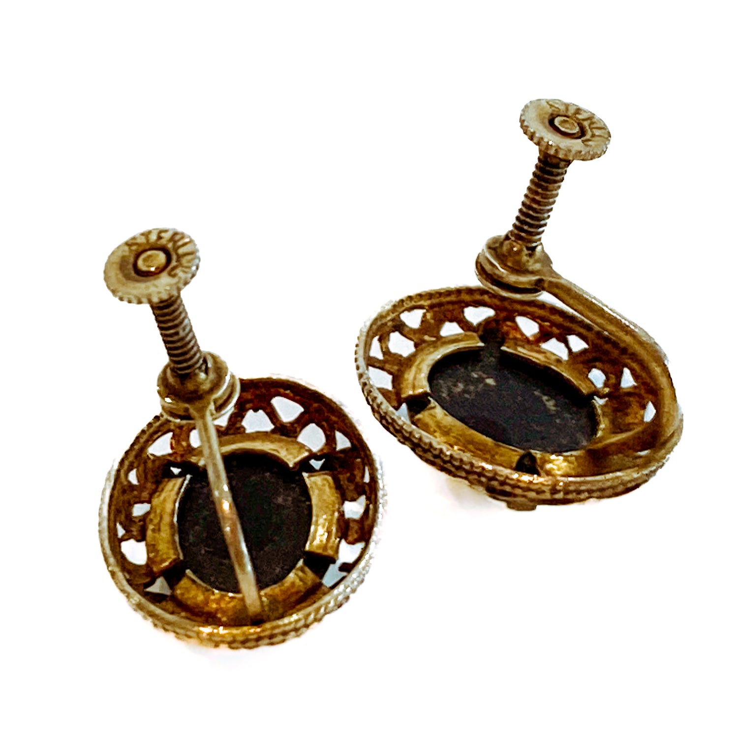 Vintage Black Cameo Filigree Gold-tone Sterling Silver Screwback Earrings White Background Back 2
