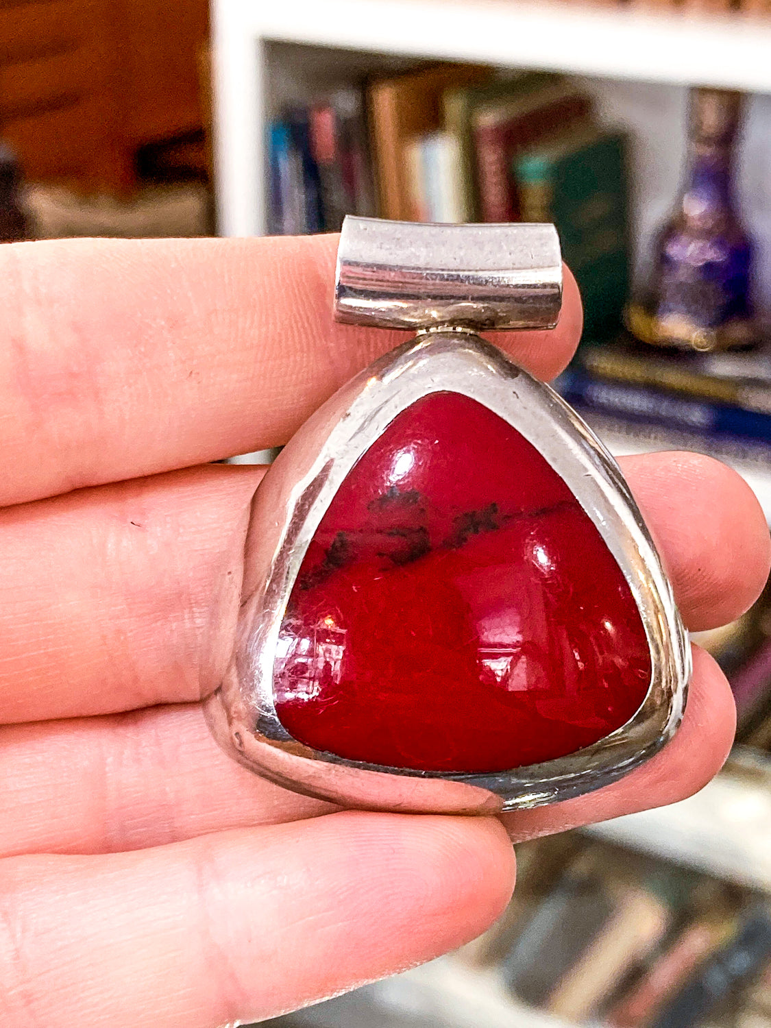 Vintage Sterling Silver Triangular Rounded Red Jasper Stone Pendant