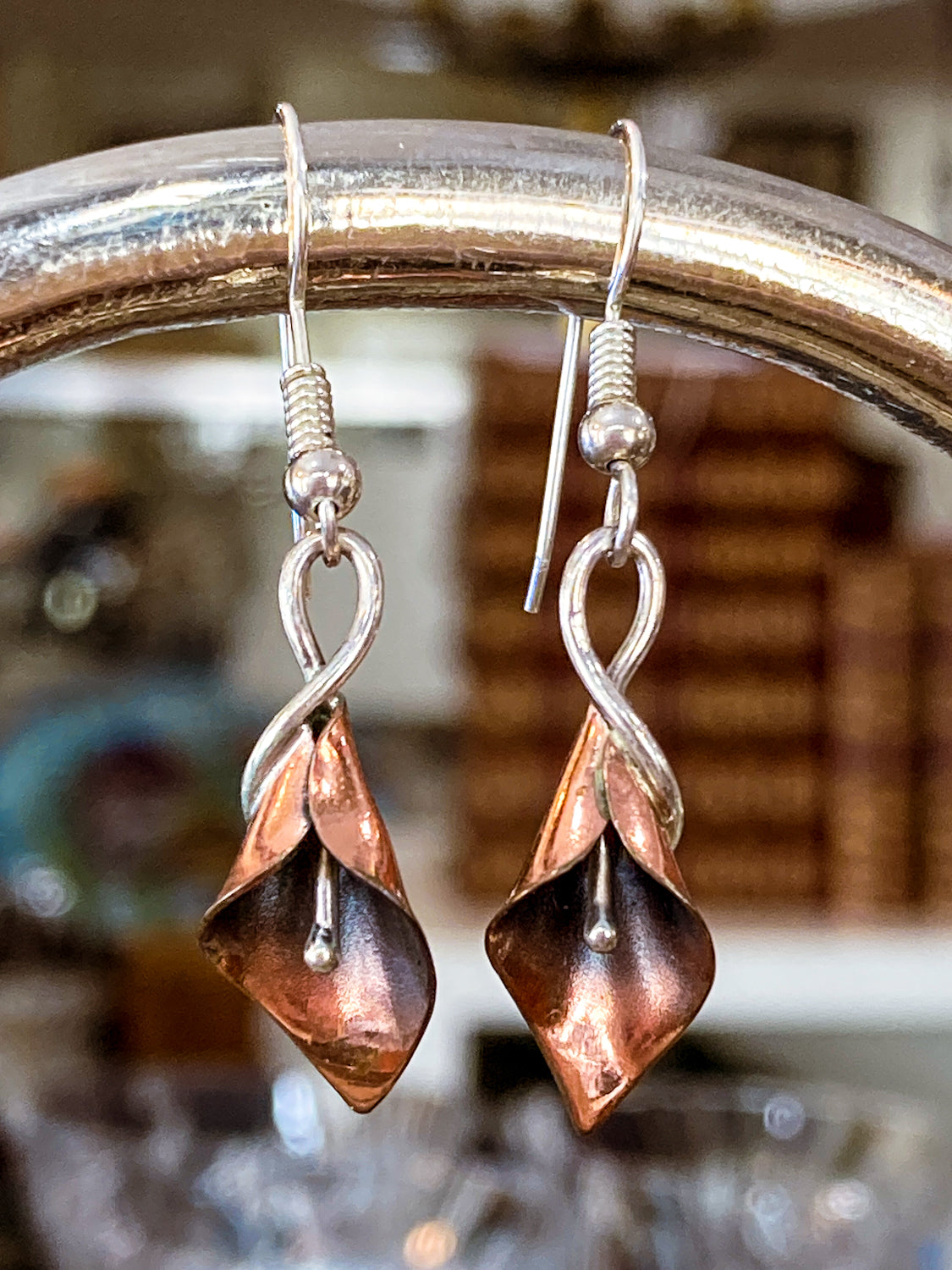 Artisan Stuart Nye Sterling Silver Copper Lily French Drop Dangle Earrings