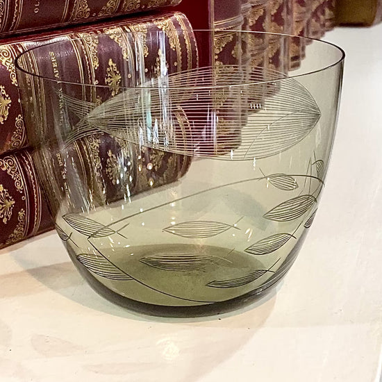 Vintage MCM Kaj Franck Finnish Fish Pattern Etched Green Gray Glass Bowl