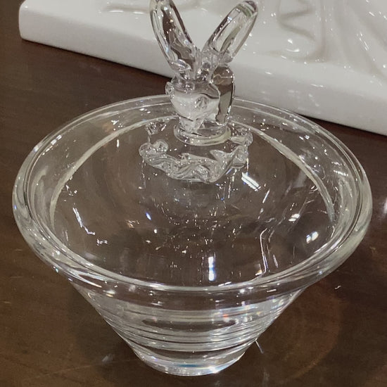 Hand Blown Steuben Clear Crystal Ram's Head Knop Lidded Tapered Jar