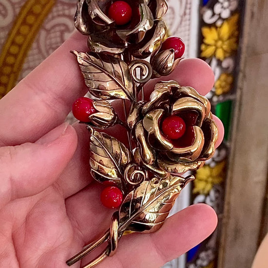 Vintage Large 1940s Trifari Floral Gold Tone Red Faux Stone Fur Clip Brooch