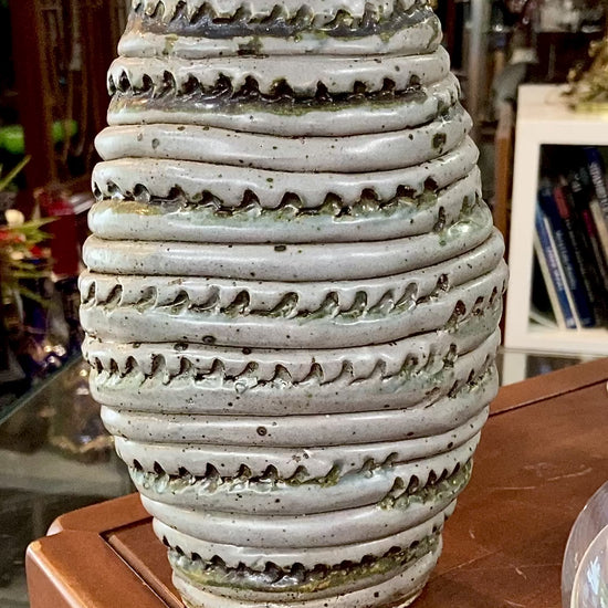 Vintage MCM Speckled Blue Green Tall Textural Handmade Ceramic Coil Vase