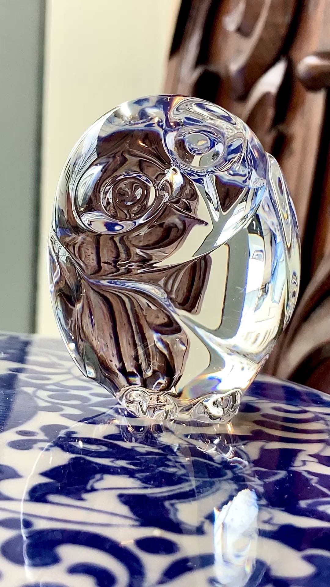 Petite Steuben Hand Cooler Stylized Clear Crystal Owl Figurine Sculpture