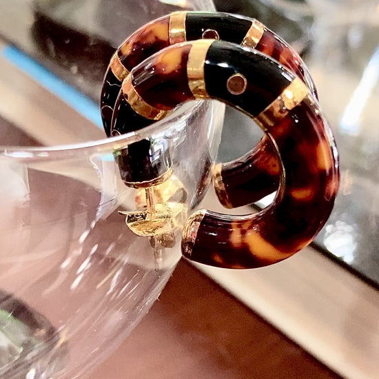 Vintage FLLI MENEGATTI Gold Vermeil 925 Tortoise Shell Black Onyx Hoop Post Earrings Video