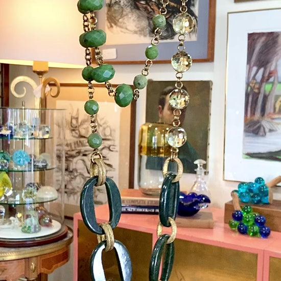 Unsigned Stephen Dweck Bronze Green Quartz Nephrite Bead Long Necklace