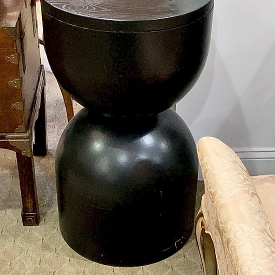 Repurposed Vintage Black Fiberglass Wood Top Hourglass Accent Side Table