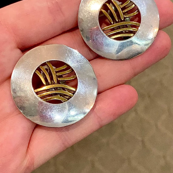 Vintage Sterling Silver Bronze Openwork Contrast Disc Clip On Earrings