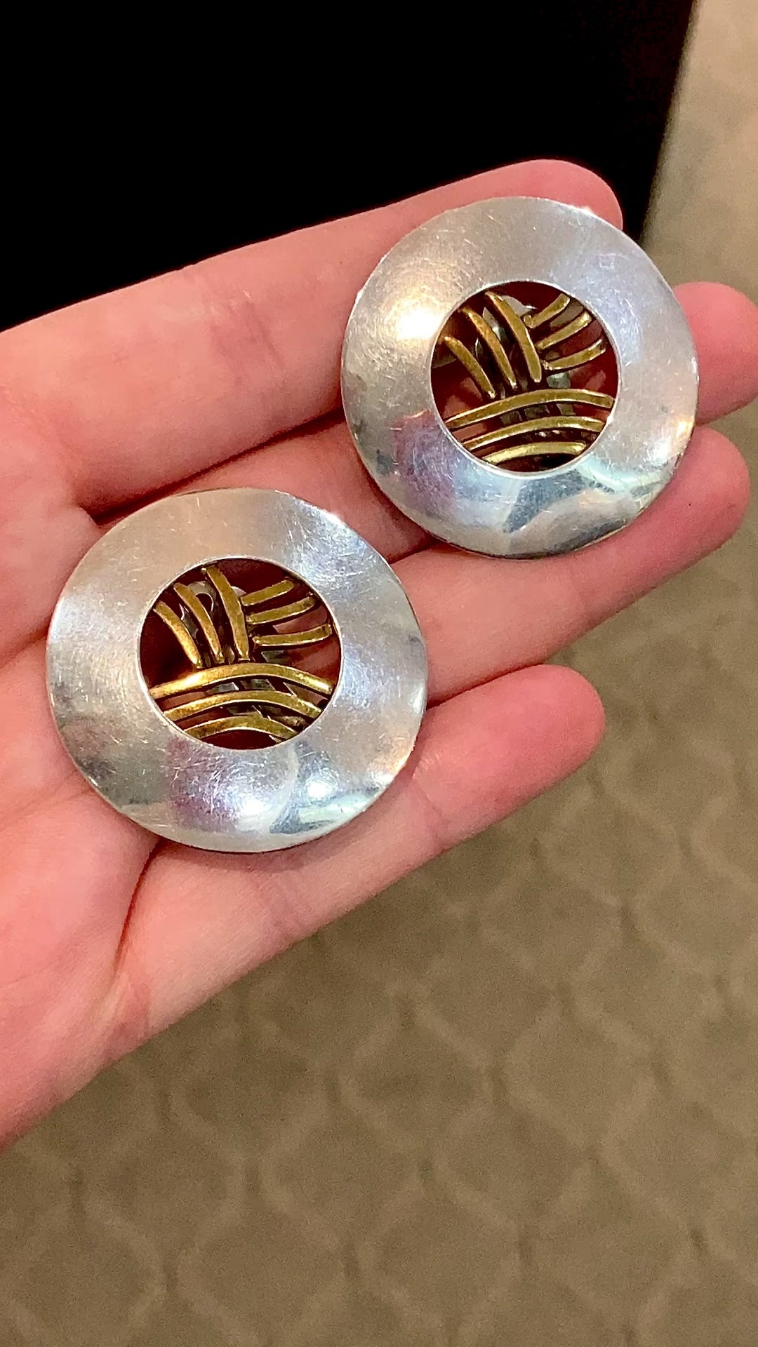 Vintage Sterling Silver Bronze Openwork Contrast Disc Clip On Earrings