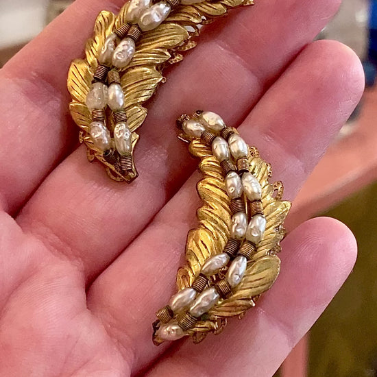 Vintage Miriam Haskell Gold Pearl Feather Ear Cuff Style Screwback Earrings