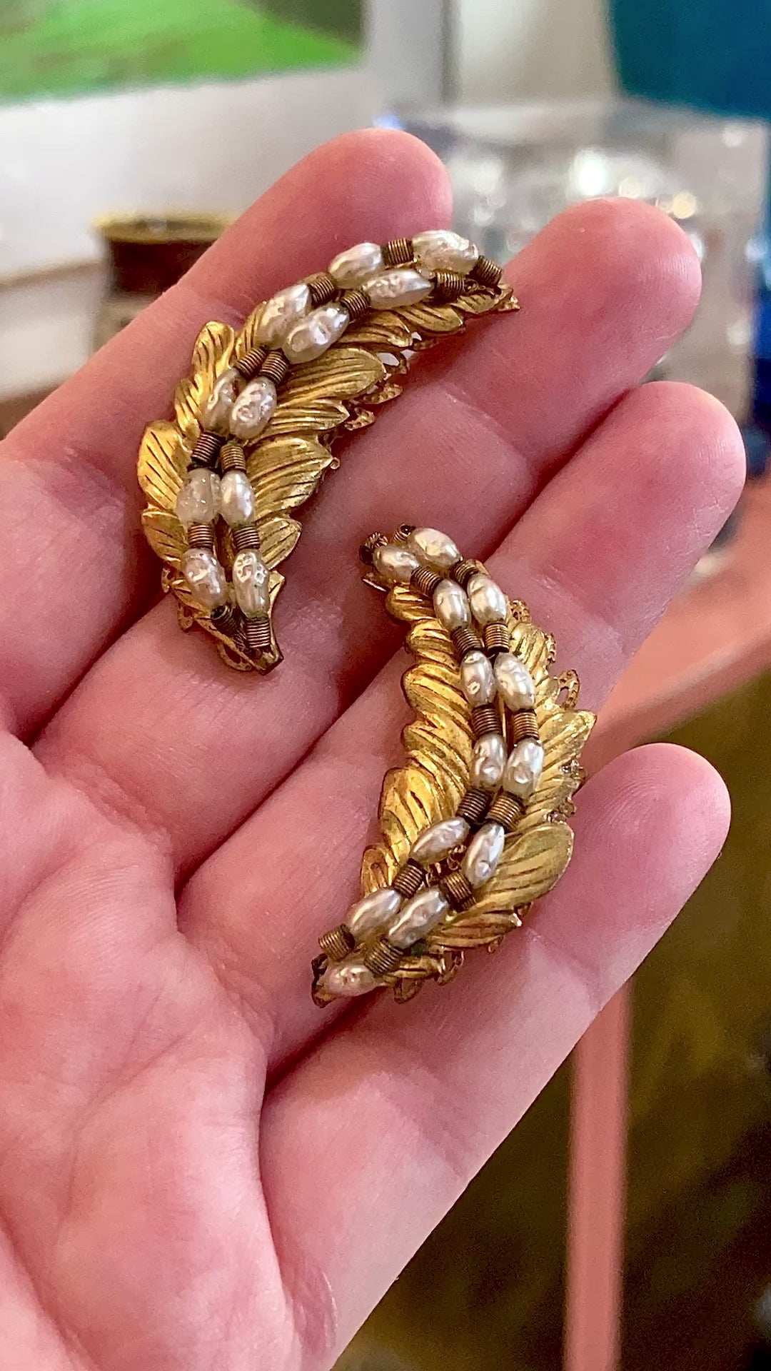Vintage Miriam Haskell Gold Pearl Feather Ear Cuff Style Screwback Earrings
