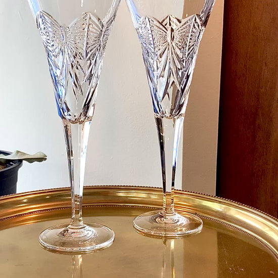 Waterford Happiness Millennium Series Crystal Champagne Flutes Glassware Pair