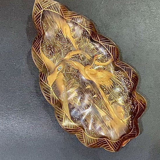 Antique Leaf Shape Gilt Crane Tortoise Shell Lacquer Dish Japanese Tray