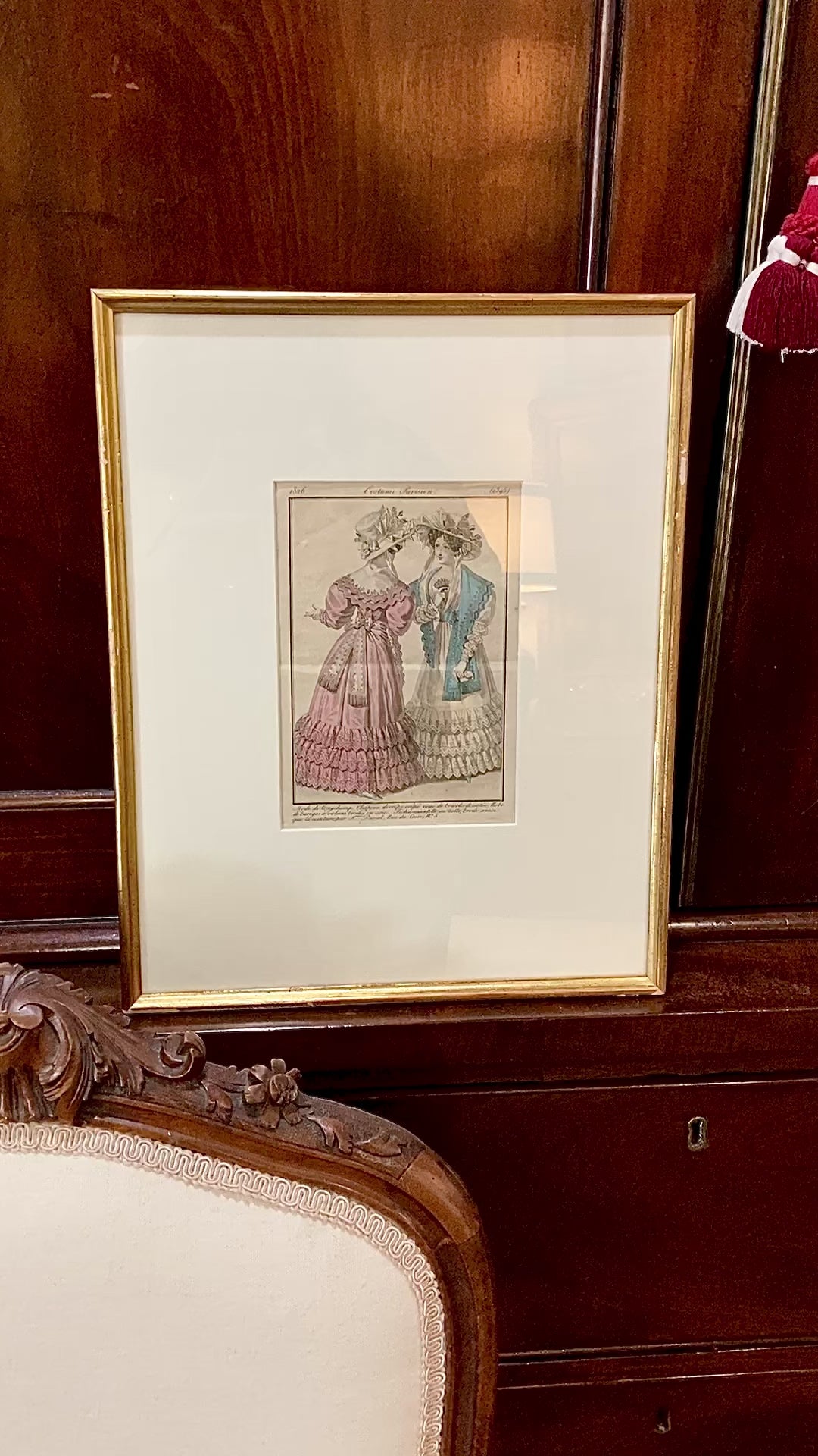 Framed Antique French 19th Century 1826 Parisian Fashion Plate Print