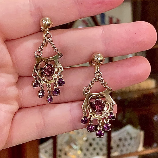 Vintage Gold Tone Amethyst Rhinestone Screw Back Dangle Earrings