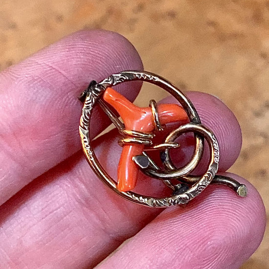 Antique Victorian Gold Filled Engraved Natural Coral Piece Love Knot Pin