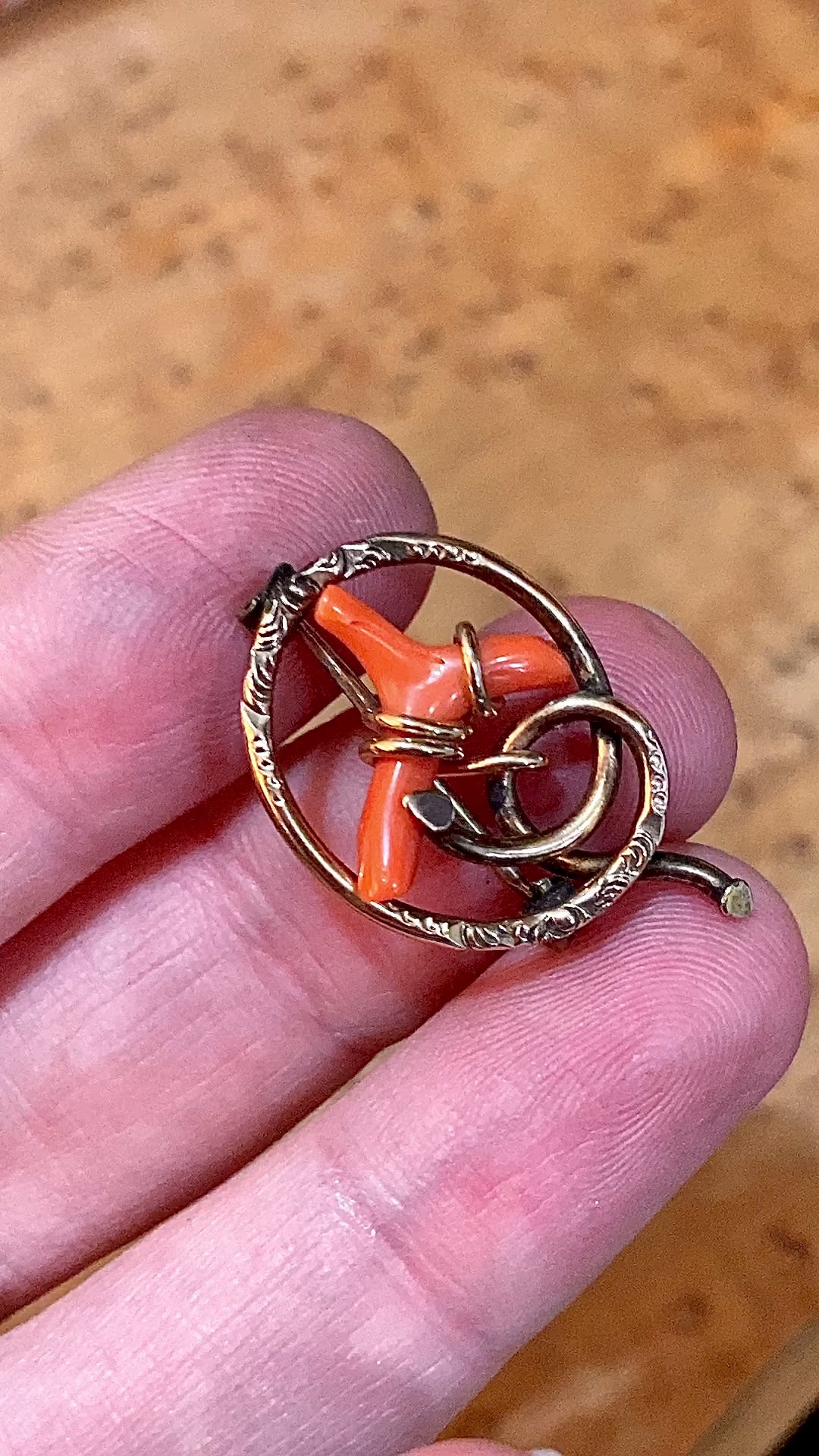 Antique Victorian Gold Filled Engraved Natural Coral Piece Love Knot Pin