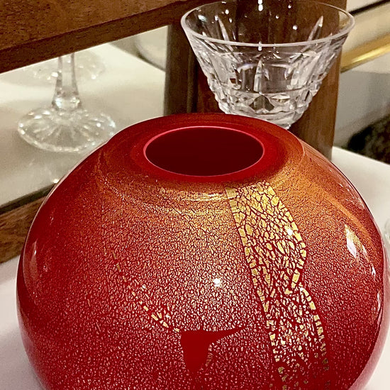 Scott Summerfield Handblown Red Gold Leaf Spherical Round Glass Vase