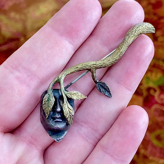 Vintage Linda Hesh Sculptural Branch Leaf Mask Face Brooch Pin